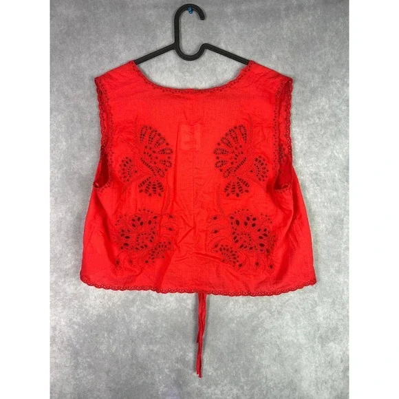 Free People Red‎ Embroidered Eyelet Tie Front Sleeveless Top Blouse Vest M - Picture 9 of 9